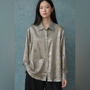 SILVER Lamé SILK OLIVE GREEN BUTTON DOWN OVERSIZED WHIMSIGOTH BLOUSE SMALL NEW